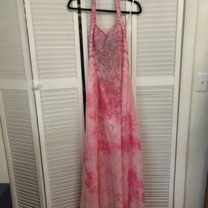 Vintage Pink tie-dye Beaded Halter Evening Gown